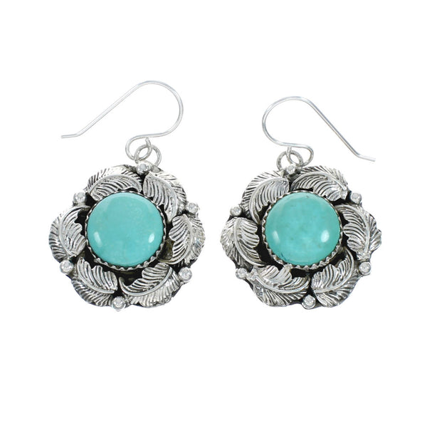 Navajo Turquoise Genuine Sterling Silver Scalloped Leaf Hook Dangle Earrings X10263